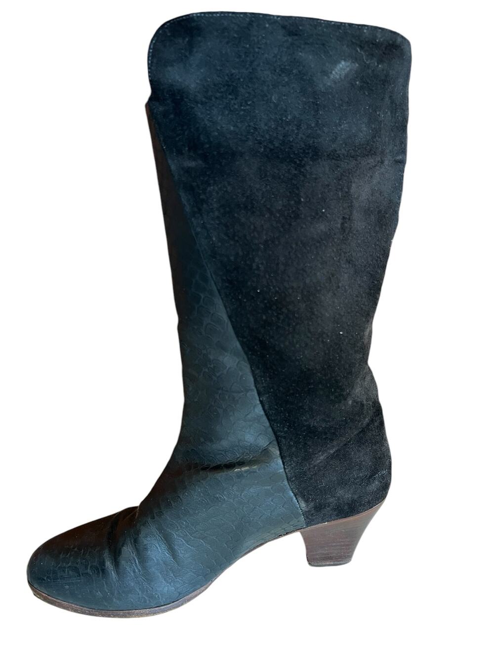 Vintage 80s GOLO Brand Snakeskin & Suede Heeled Boots Black 7.5